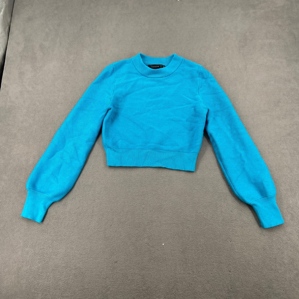 ZESICA Women Blue Ribbed Knit Cropped Sweater Long Balloon Sleeve Crew Neck M
